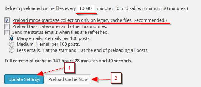 Preload настройки за WP Super Cache