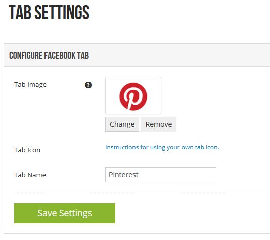 Меню tab settings за Pinterest таб-а за вашата Facebook страница