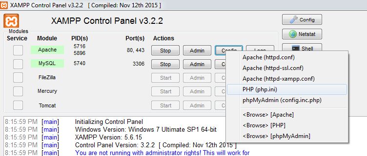 Редакция на PHP.ini в XAMPP, което е важно за ръчно преместване на WordPress на нов локален хостинг